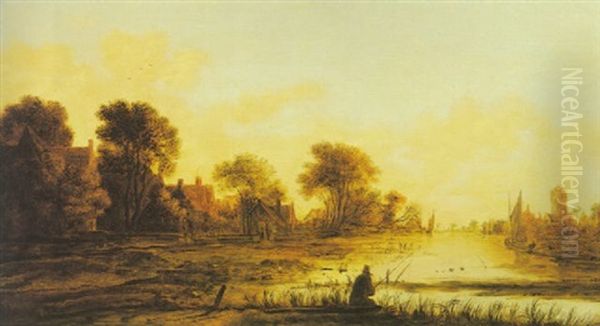 Eine Flusslandschaft Im Abendlicht Mit Fischer Oil Painting by Aert van der Neer