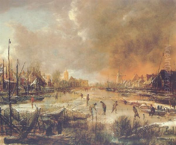 A Winter Landscape With Sportsmen On A Frozen River Oil Painting by Aert van der Neer