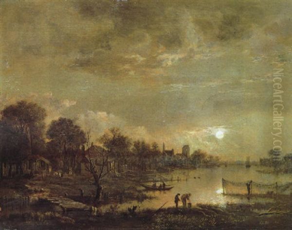 A River Landscape By Moonlight With A Fisherman Hanging His Nets In The Foreground And A Village Beyond Oil Painting by Aert van der Neer