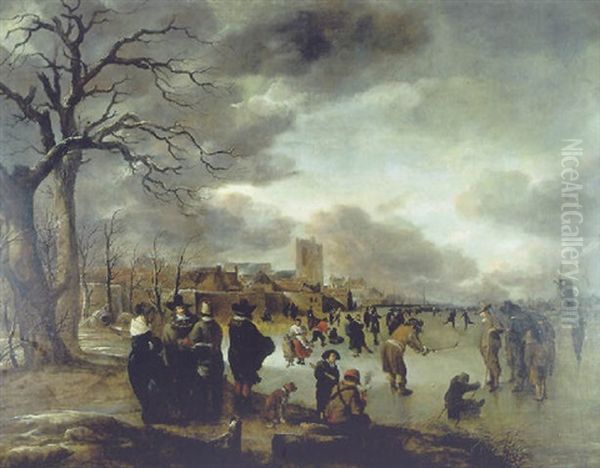 An Extensive Winter Landscape With Figures Playing Kolf On A Frozen River Oil Painting by Aert van der Neer