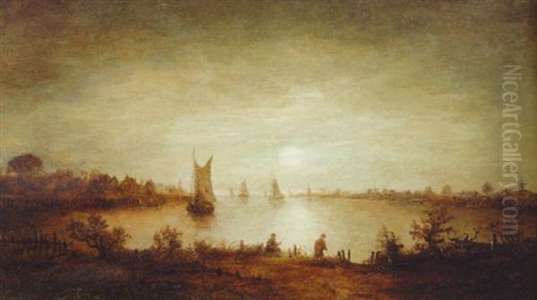 A Moonlit River Landscape With Fishermen On A Bank, A Kaag And Other Shipping Beyond Oil Painting by Aert van der Neer