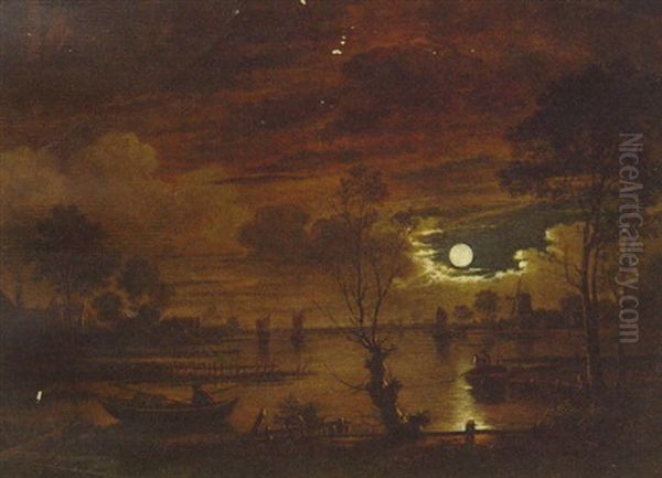 A Moonlit River Landscape With Fishermen Oil Painting by Aert van der Neer