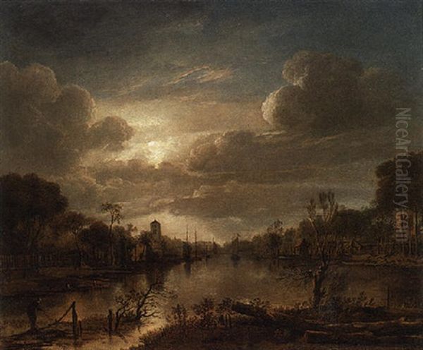 A Moonlit River Landscape With A Fisherman Tending The Nets In The Foreground Oil Painting by Aert van der Neer