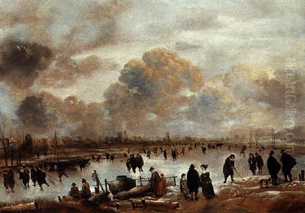 A Winter Landscape With Skaters And Townsfolk On A Frozen Waterway Oil Painting by Aert van der Neer