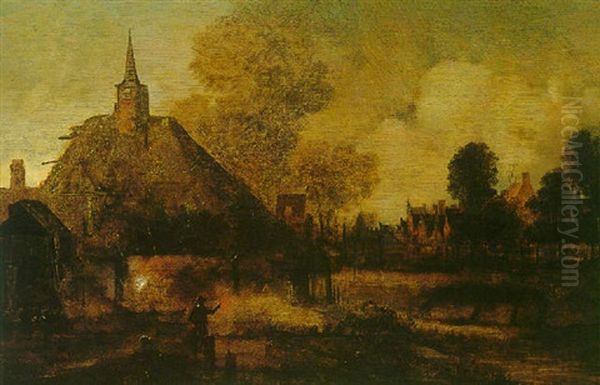 A Moonlit Scene With A Figure Setting Fire To A Building On The Outskirts Of A City Oil Painting by Aert van der Neer