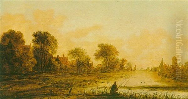 A River Landscape At Dusk With A Fisherman And A Town Beyond Oil Painting by Aert van der Neer