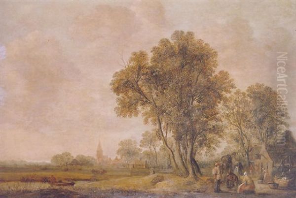 A Wooded Landscape With Villagers Outside A Country Inn, A River Meadow And A Church In The Distance Beyond Oil Painting by Aert van der Neer