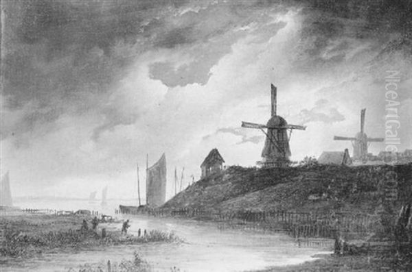 Windmills On A Moonlit Estuary Oil Painting by Aert van der Neer