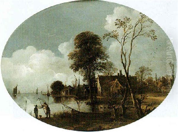 River Landscape, With Fisherman In The Foreground, Boats Sailing On The Estuary Beyond Oil Painting by Aert van der Neer