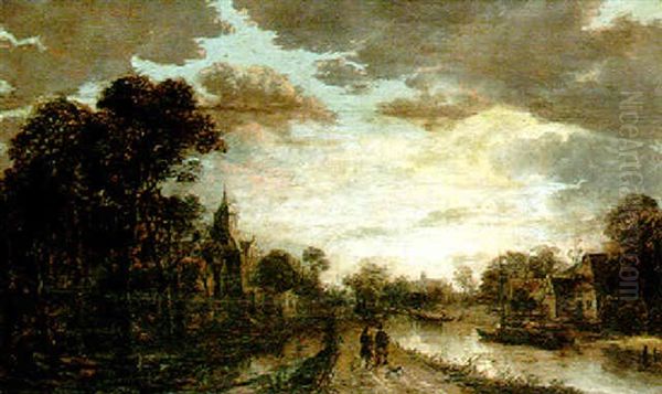 A Moonlit River Scene With Figures Walking Along A Causeway, A Church Beyond Oil Painting by Aert van der Neer