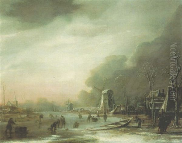 A Winter Landscape With Skaters And Kolf Players, A Church And Windmills Beyond Oil Painting by Aert van der Neer