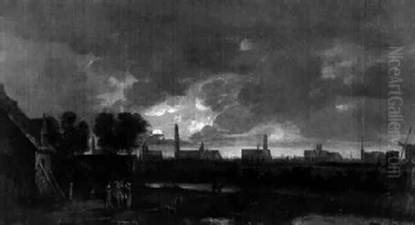 Vue De La Ville De Delft Au Clair De Lune (?) Oil Painting by Aert van der Neer