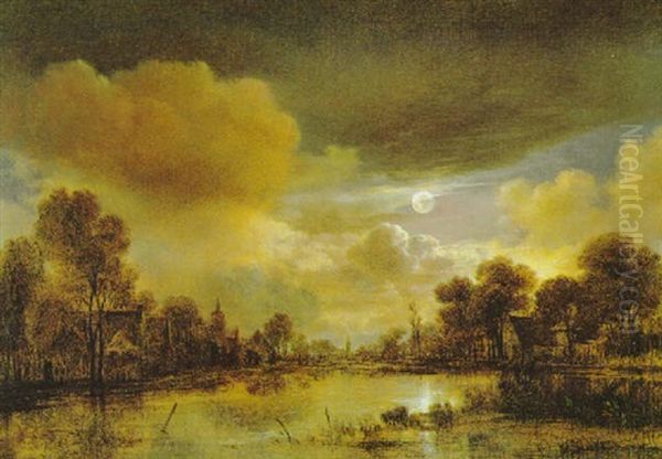 Hollandische Fluslandschaft, Bei Aufgehendem Mond Oil Painting by Aert van der Neer