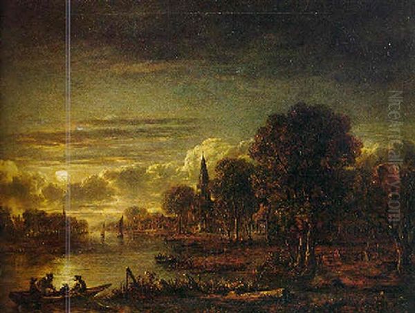 Moonlit Landscape With Figures Boating On An Estuary Oil Painting by Aert van der Neer