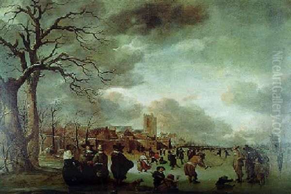 An Extensive Winter Landscape With Figures Playing Kolf On A Frozen River Oil Painting by Aert van der Neer