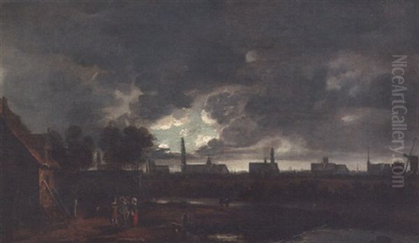 A Dutch City, Possibly Delft, By Moonlight Oil Painting by Aert van der Neer