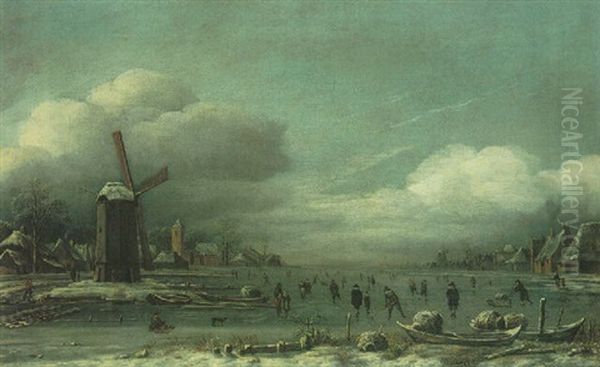 A Winter Townscape With A Windmill And Figures Skating On A Frozen River Oil Painting by Aert van der Neer