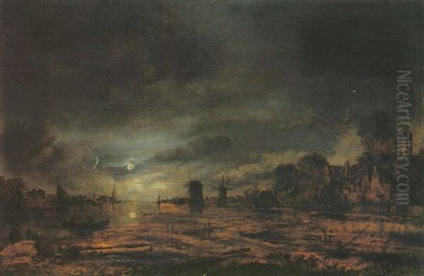 River Landscape By Moonlight With Windmills And A Town In The Distance And Fishermen In The Foreground by Aert van der Neer