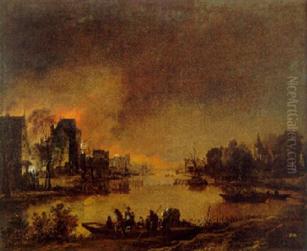 A Fire At Night In A Town On A River With A Ferry In The Foreground Oil Painting by Aert van der Neer