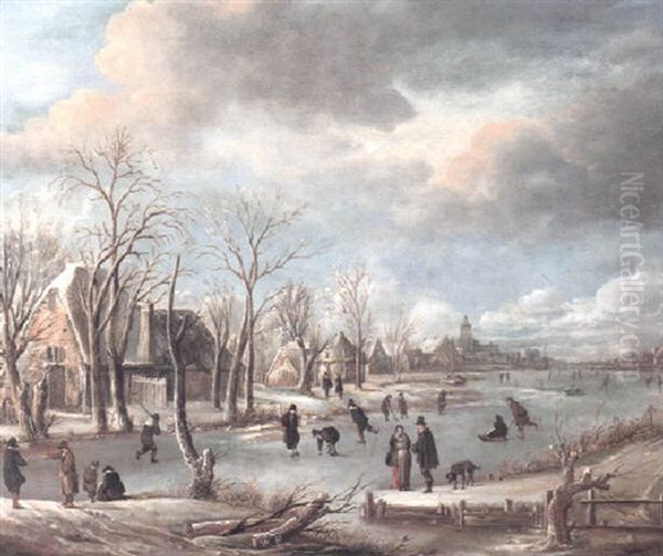 Winter Landscape With Figures Skating On A Frozen River Oil Painting by Aert van der Neer