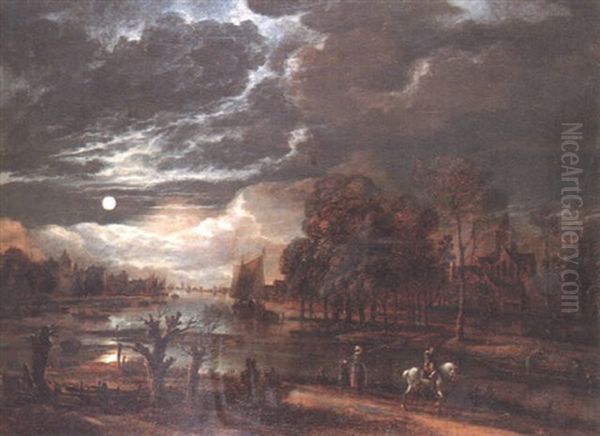 A Moonlit River Landscape With A Man On A Horse Passing A Woman And Child by Aert van der Neer