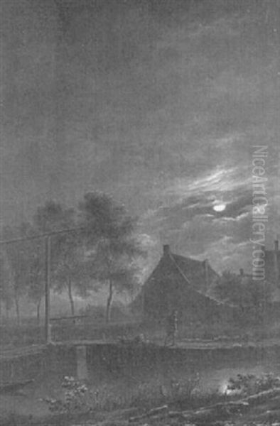 Weiler Und Holzbrucke Bei Mondschein Oil Painting by Aert van der Neer