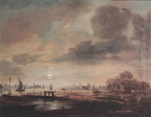 Moonlit River Landscape With Sailing Boats And Fishing Nets by Aert van der Neer