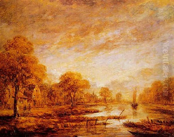 A Twilight River Landscape With A Figure And A Village Oil Painting by Aert van der Neer