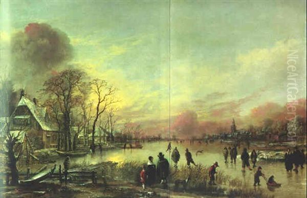 An Extensive Winter Landscape Of A Frozen Lake With Skaters, Houses Nearby And A Church In The Background Oil Painting by Aert van der Neer