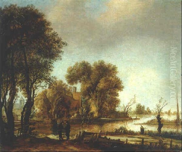 A River Landscape With Men Conversing On A Track Oil Painting by Aert van der Neer