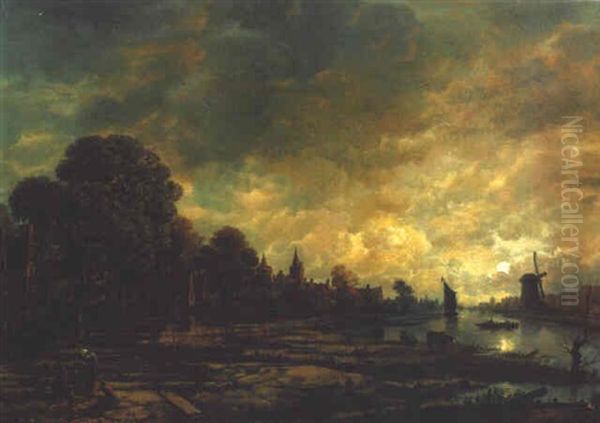 A Canal By Moonlight Oil Painting by Aert van der Neer