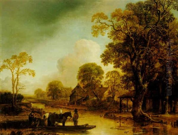 A River Landscape With Figures Ferrying Horses Oil Painting by Aert van der Neer