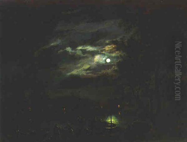 Fishermen At A Lake By Moonlight Oil Painting by Aert van der Neer