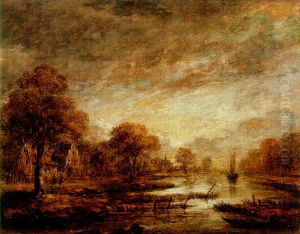 A Twilight River Landscape With Figures And Village Oil Painting by Aert van der Neer