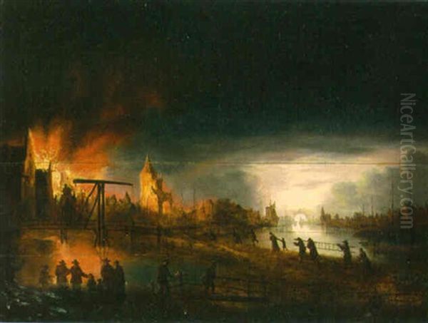 A Moonlit River Landscape With A Burning Town Oil Painting by Aert van der Neer