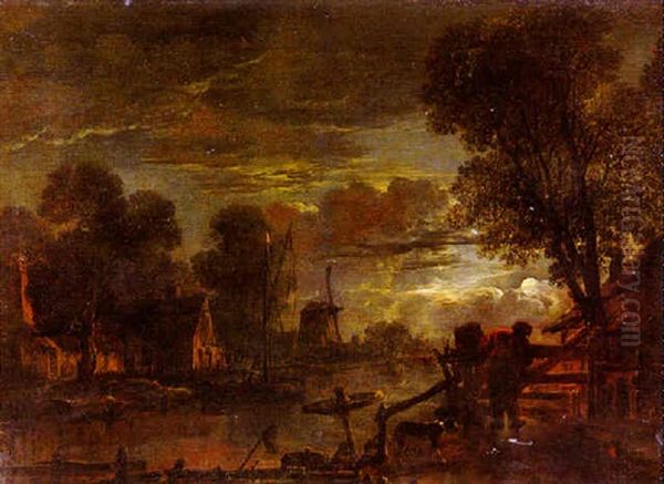 A Moonlight River Landscape Oil Painting by Aert van der Neer