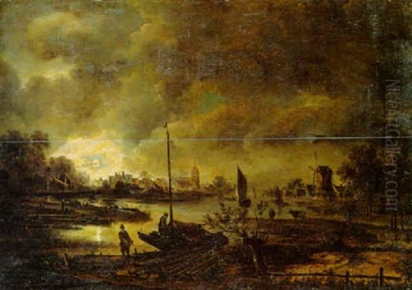 A River Landscape At Night With Peasants By A Boat And Woodpile, A Town Beyond Oil Painting by Aert van der Neer