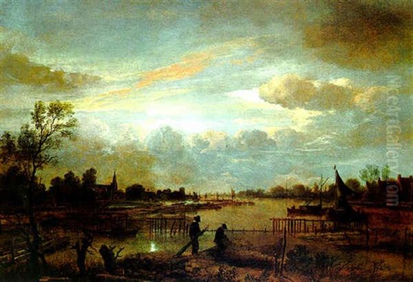 Mondscheinlandschaft Mit Zwei Fischern An Einem Wasserlauf Oil Painting by Aert van der Neer