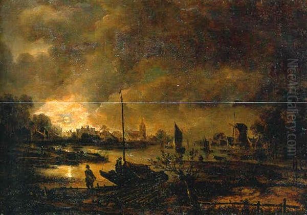 A River Landscape At Night With Peasants By A Boat And A Woodpile, A Town Beyond Oil Painting by Aert van der Neer