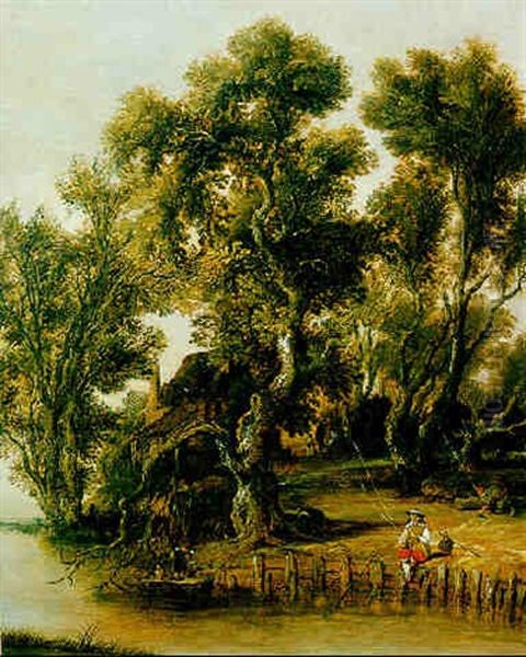 Flussufer Mit Gehoeft Und Einem Angler Oil Painting by Aert van der Neer