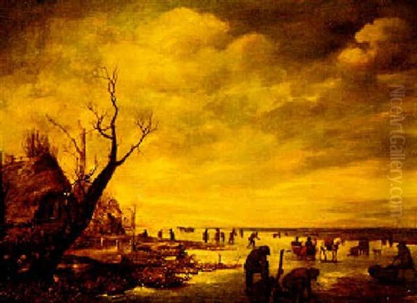 A Winter Landscape With Figures On A Frozen River Oil Painting by Aert van der Neer