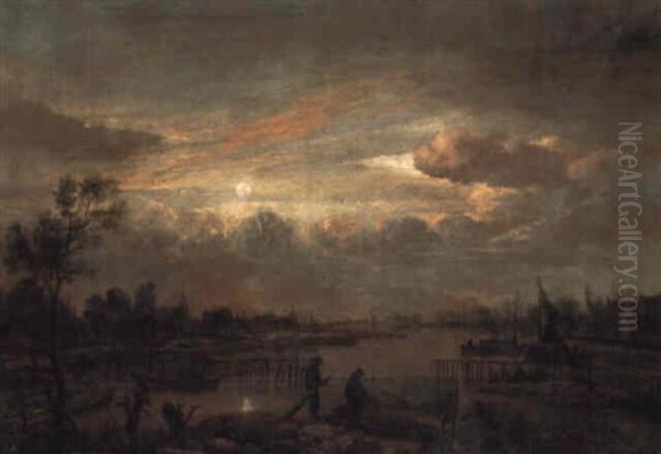 Fishermen Laying Nets In A River At Moonlight, A Village Beyond Oil Painting by Aert van der Neer