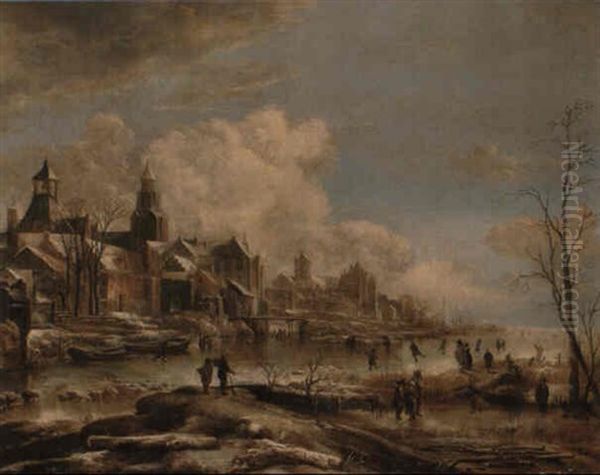 Skaters On A Frozen River Oil Painting by Aert van der Neer