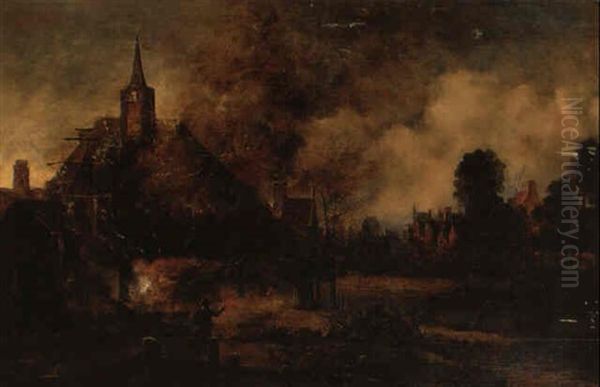 A Village By A River At Moonlight With Burning Church Oil Painting by Aert van der Neer