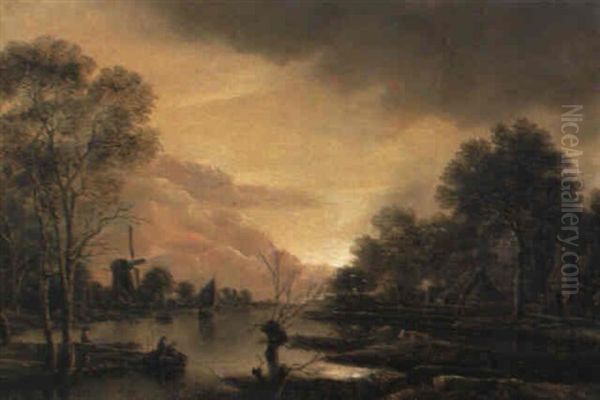 Mondscheinlandschaft Mit Fischern Und Angler Oil Painting by Aert van der Neer