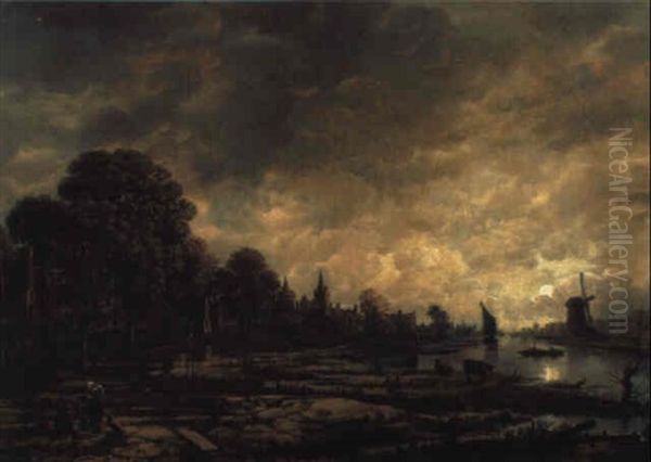 A Canal By Moonlight Oil Painting by Aert van der Neer