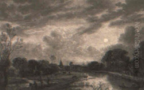 A Moonlit Landscape With Fishermen Mending Their Nets On A Riverbank Oil Painting by Aert van der Neer