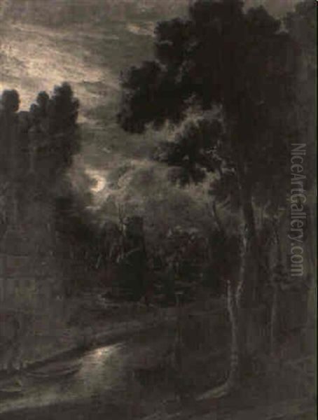 A Moonlit River Landscape With A Windmill Oil Painting by Aert van der Neer