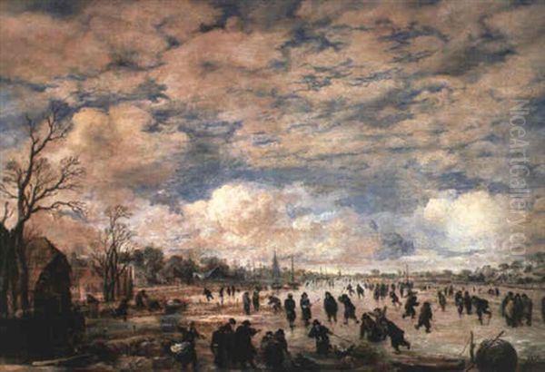 Skaters And Kolf Players On A Frozen Waterway Oil Painting by Aert van der Neer