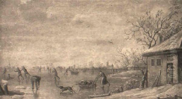 Peasants Skating On A Frozen Waterway Oil Painting by Aert van der Neer